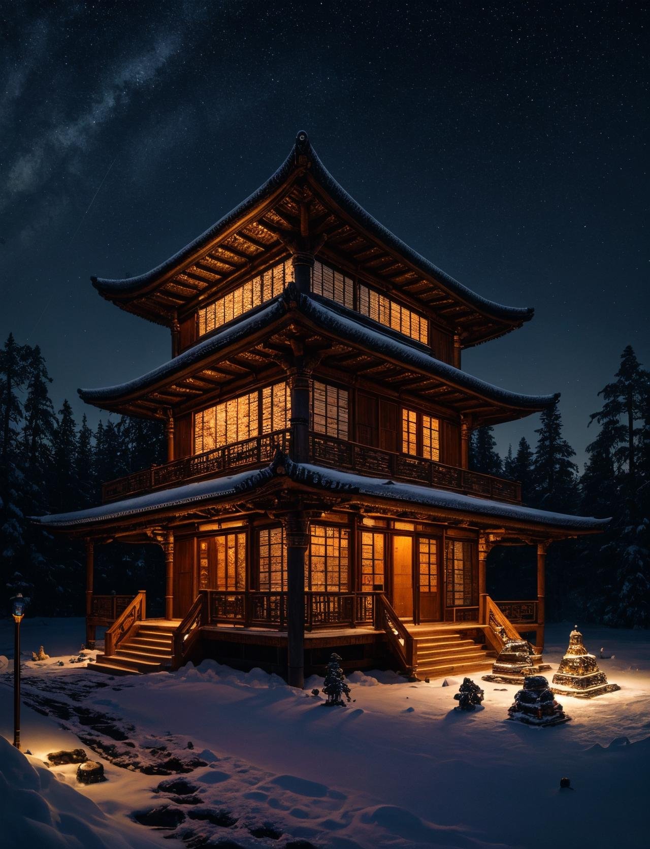 hyper detailed masterpiece, dynamic realistic digital art, awesome quality,DonMFr0stP4nkXL cosmic artifacts and antiquities archive, bamboo,rubber roofing roof,gneiss, incandescent outdoor lamps, deck and step lights,snow, ice <lora:DonMFr0stP4nkXL-000006:0.8>