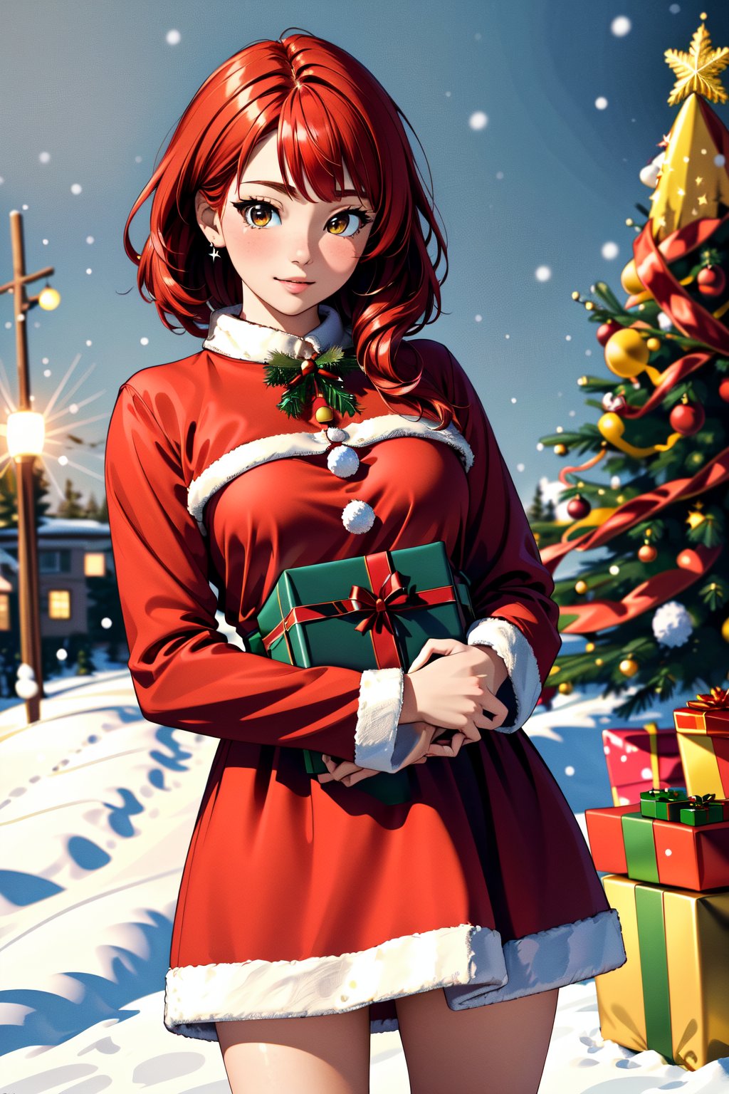 8k wallpaper, awesome, (((masterpiece))), (((best quality))), ((ultra detailed)), (illustration), dynamic angle, red hair, red skimpy dress, a coat, fur, detailed cute face, an extremely delicate and beautiful girl, ((Christmas tree)), (gifts=1.35), snow, Christmas, broken glass, outside,