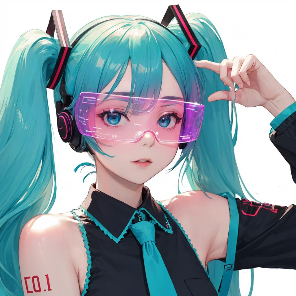 cyber glasses, hatsune miku, upper body, <lora:cyber_glasses-07:0.65>