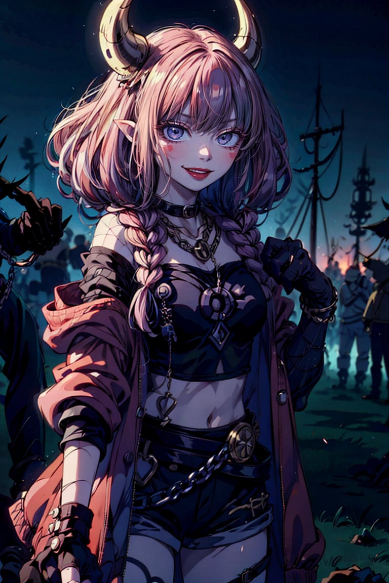 1girl, (masterpiece, best quality, ultra detailed, absurdres)1.5, 1girl, (sexy, beautiful woman, perfect face, ,mgedemon,SharpEyess,choker crown open jacket short sleeves shorts midriff studded belt fishnets chain gloves bracelet,fantasy,demonictech,aura the guillotine