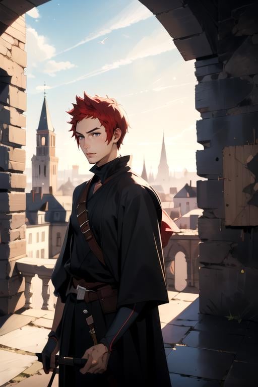 (best quality:1.1), (masterpiece:1.4), illustration, 1boy, solo, male focus, , , depth of field, , , <lora:welf_crozzo:0.74>, welf_crozzo, red hair, grey eyes, short hair, , , The Tower of Oblivion: A stronghold where forgotten secrets and dark magic are hidden,