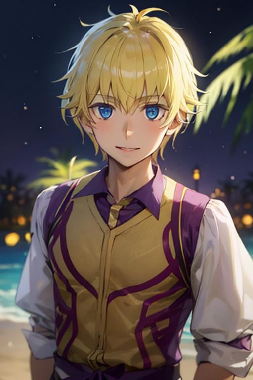 (best quality:1.1), (masterpiece:1.4), , 1boy, solo, male focus, looking at viewer, upper body, , , , <lora:finne_deimne:0.94>, finne_deimne, blonde hair, blue eyes, luau costume, islamic golden age,