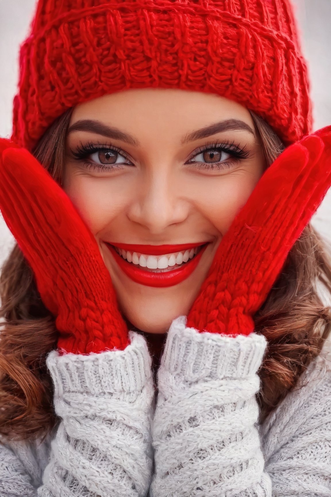 Christmas 1girl,  solo,  long hair,  looking at viewer,  smile,  brown hair,  gloves,  long sleeves,  hat,  upper body,  teeth,  grin,  blurry,  sweater,  lips,  grey eyes,  christmas,  red headwear,  red gloves,  head rest,  realistic,  beanie,<lora:EMS-187840-EMS:0.800000>