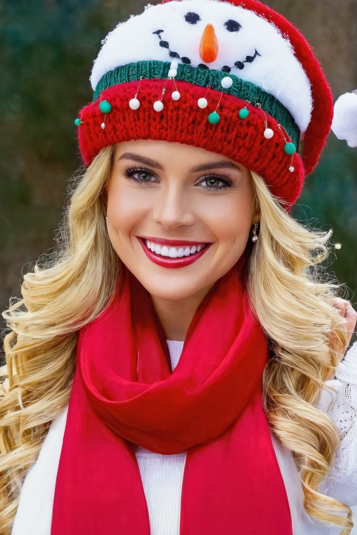 Christmas 1girl,  solo,  long hair,  looking at viewer,  smile,  blonde hair,  hat,  jewelry,  earrings,  scarf,  grin,  snowman,<lora:EMS-187840-EMS:0.800000>