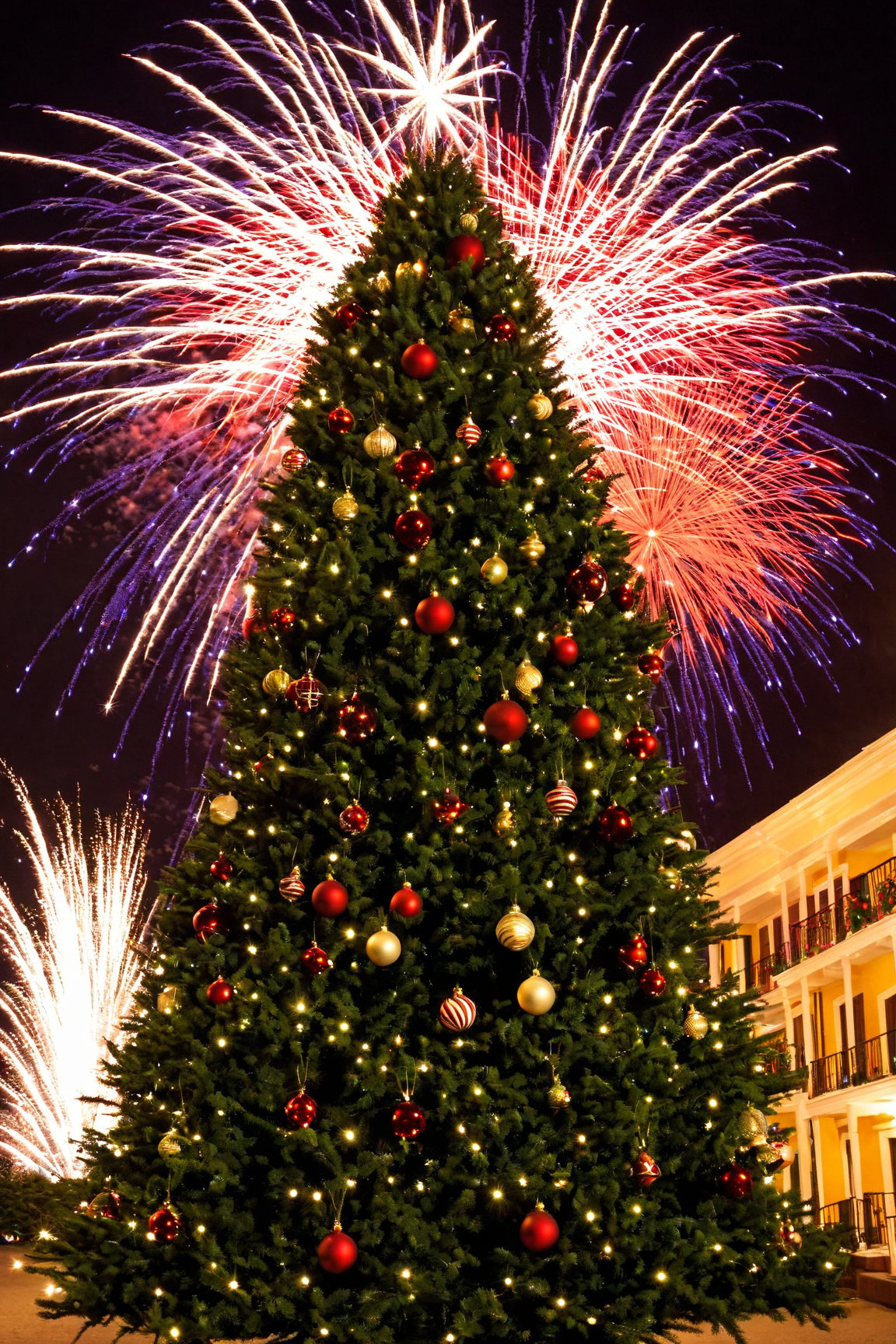 Christmas tree,  night,  scenery,  christmas tree,  fireworks,  christmas ornaments,<lora:EMS-187840-EMS:0.800000>