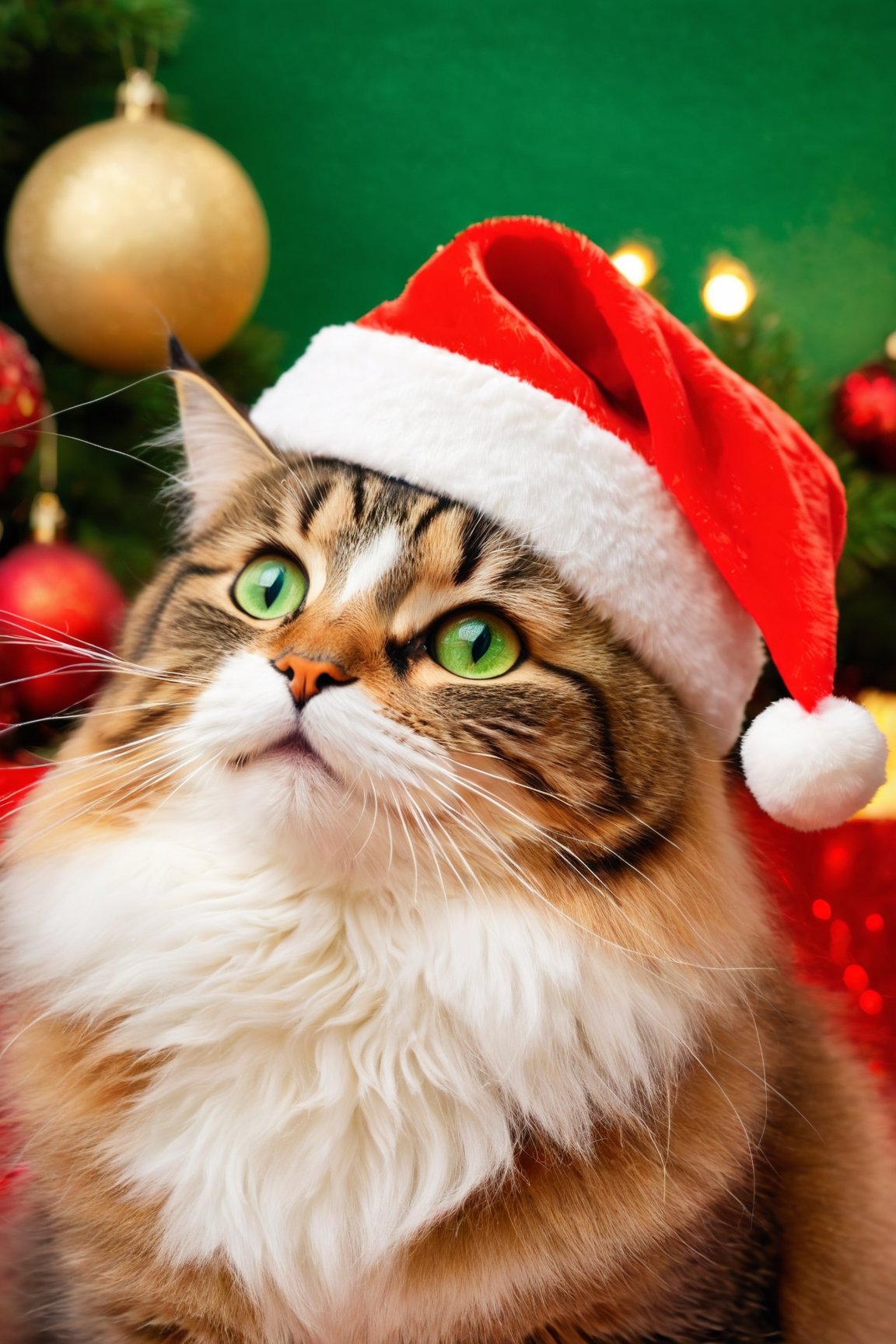 (best quality, realistic), cat, santa hat, cinemas theme, soft fur, fluffy whiskers, playful expression, curious eyes, cozy winter atmosphere, ornamental details, delicate snowflakes, sparkling lights, joyful colors, memorable moment, artistic composition, professional artwork, seasonal charm, warm holiday vibes, colorful decorations, eye-catching backdrop, vibrant red and green tones, soft and magical lighting, happy and festive ambiance, theatrical elements, detail-rich painting, vivid and lifelike image, enchanting holiday spirit, cherished memories, heartwarming scene,<lora:EMS-187840-EMS:0.800000>