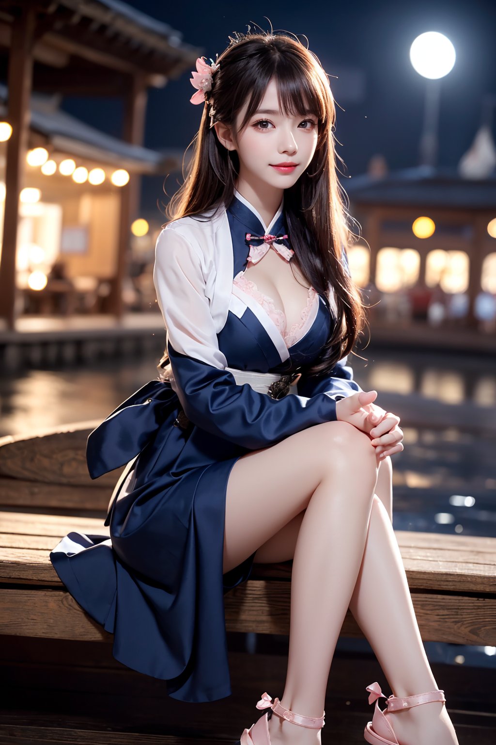 (((1girl:1.3,  solo))),  (a extremely pretty and beautiful milf:1.3),  (35 years old: 1.1),  (at Japanese lakeside:1.3,  at night:1.3,  under the Harvest Moon,  in the boat:1.3),  (sitting on the boat:1.3),  (grin smile:1.3),  (arms down between legs:1.3),  break, (mahogany up hair:1.3),  (Hair between eyes:1.3),  (medium-length hair:1.3),  bangs,  (hairpin:1.3),  dark brown eyes,  beautiful eyes,  princess eyes,  (Drooping eyes:1.2),  (slender:1.3),  ((small-medium breasts: 1.0 ) )),  ((sagging breasts:1.3))),  ((( disproportionate breasts;0.7)))),  (Breasts squeezed together:0.7,  cleavage:0.5 ),  (thin waist: 1.3 ),  (detailed beautiful girl: 1.4),  Parted lips,  (pink glossy lips:1.3),  (pale skin:1.3),  (beautiful clean skin:1.3),  ((Perfect Female Body)),  Perfect Anatomy,  Perfect Proportions,  (most pretty and beautiful J-POP idol face: 1.3),  (a extremely cute and beautiful K-POP idol face:1.3),  (oval face:1.3),  (happy emotion:1.3),  (happy expression:1.3),  (closed mouth: 1.3 ),  (4fingers and thumb :1.5),  (perfect ratio human hands:1.5), BREAK, (wearing a Korean Clothes1.3),  (Hanbok clothes:1.3),  (Dark blue hanbok:1.3,  Hair ornament:1.3,  Black sandals:1.3),  detailed clothes, BREAK, (Realistic,  Photorealistic: 1.37),  (Masterpiece,  Best Quality: 1.2),  (Ultra High Resolution: 1.2),  (RAW Photo: 1.2),  (Face Focus: 1.2),  (Ultra Detailed CG Unified 8k Wallpaper: 1.2),  (Hyper Sharp Focus: 1.5),  (Ultra Sharp Focus: 1.5),  (Beautiful pretty face: 1.3) (professional photo lighting:1.3),  ,  (super detailed background,  detail background: 1.3), miku,<lora:EMS-179-EMS:0.300000>,<lora:EMS-1093-EMS:0.500000>,<lora:EMS-187988-EMS:0.500000>