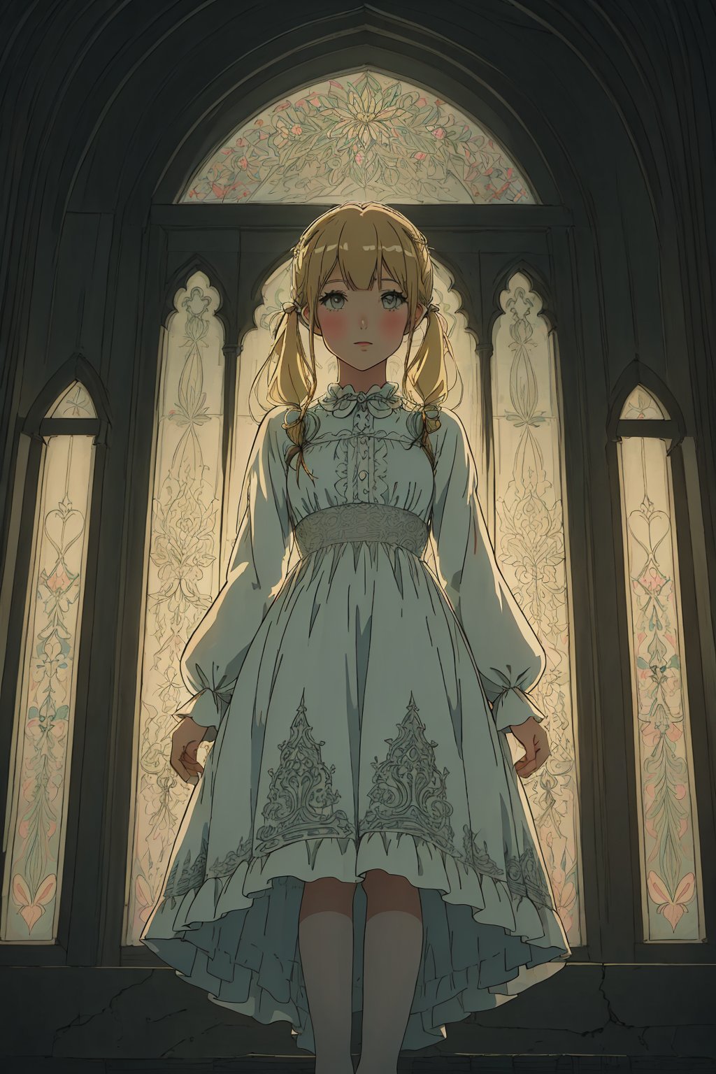  Illustration of a blonde anime twintails wavy hair girl wearing a Gothic lace dress in the style of the Edwardian era, captured in a vintage etching. Her dress is adorned with intricate details reminiscent of Damascus steel. beautiful colorful stained glass ,twintails, cute, Hd,Hd