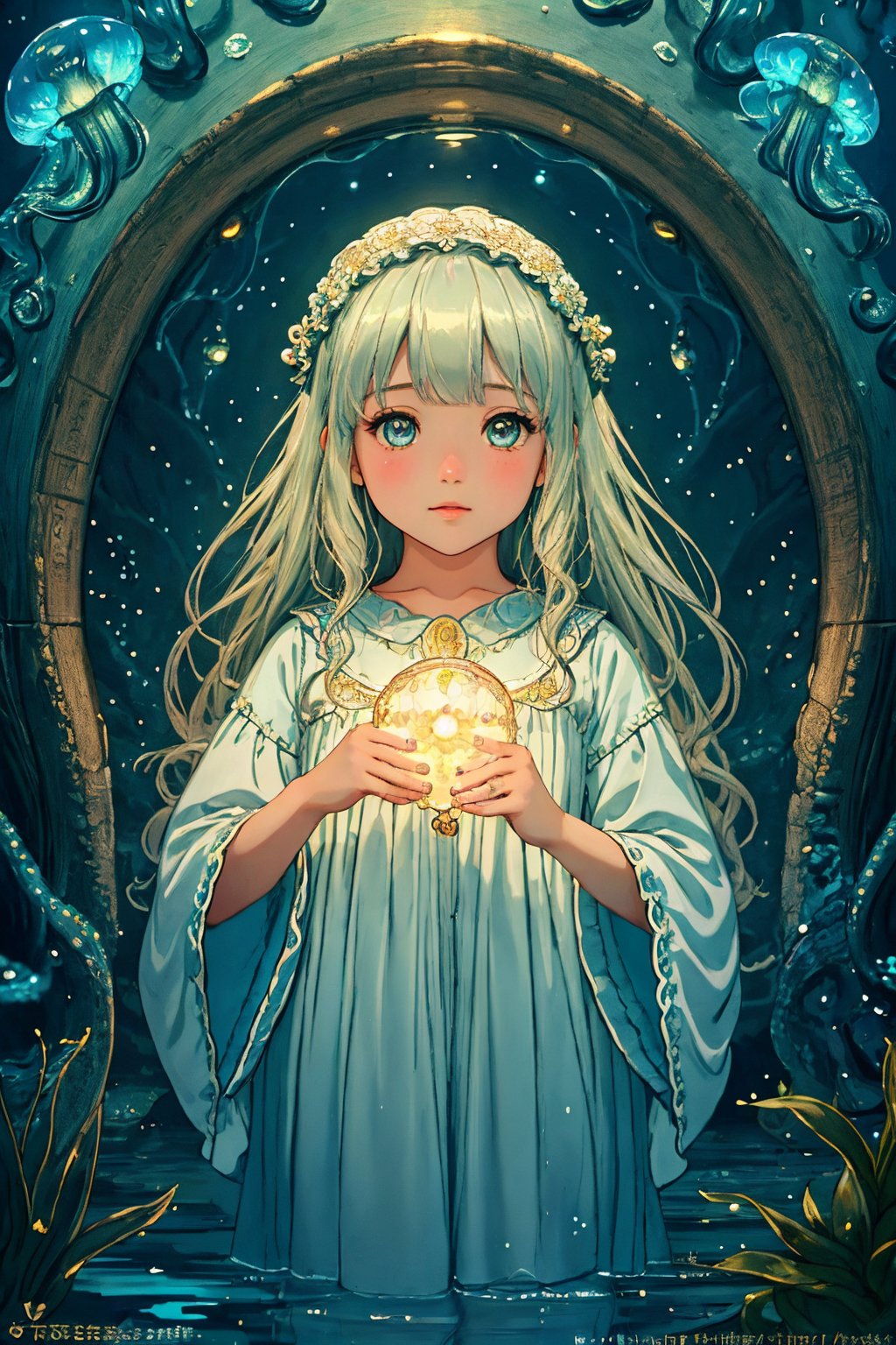  best quality,Amazing,Beautiful golden eyes,finely detail,Depth of field,extremely detailed CG unity 8k wallpaper,(1 girl :1.5),Deep sea background,jellyfish,masterpiece,fluttered detailed splashs, beautiful detailed water,cosmic eyes,Shock sensation,(realistic :0.5),octopus,original, 
,children, masterpiece