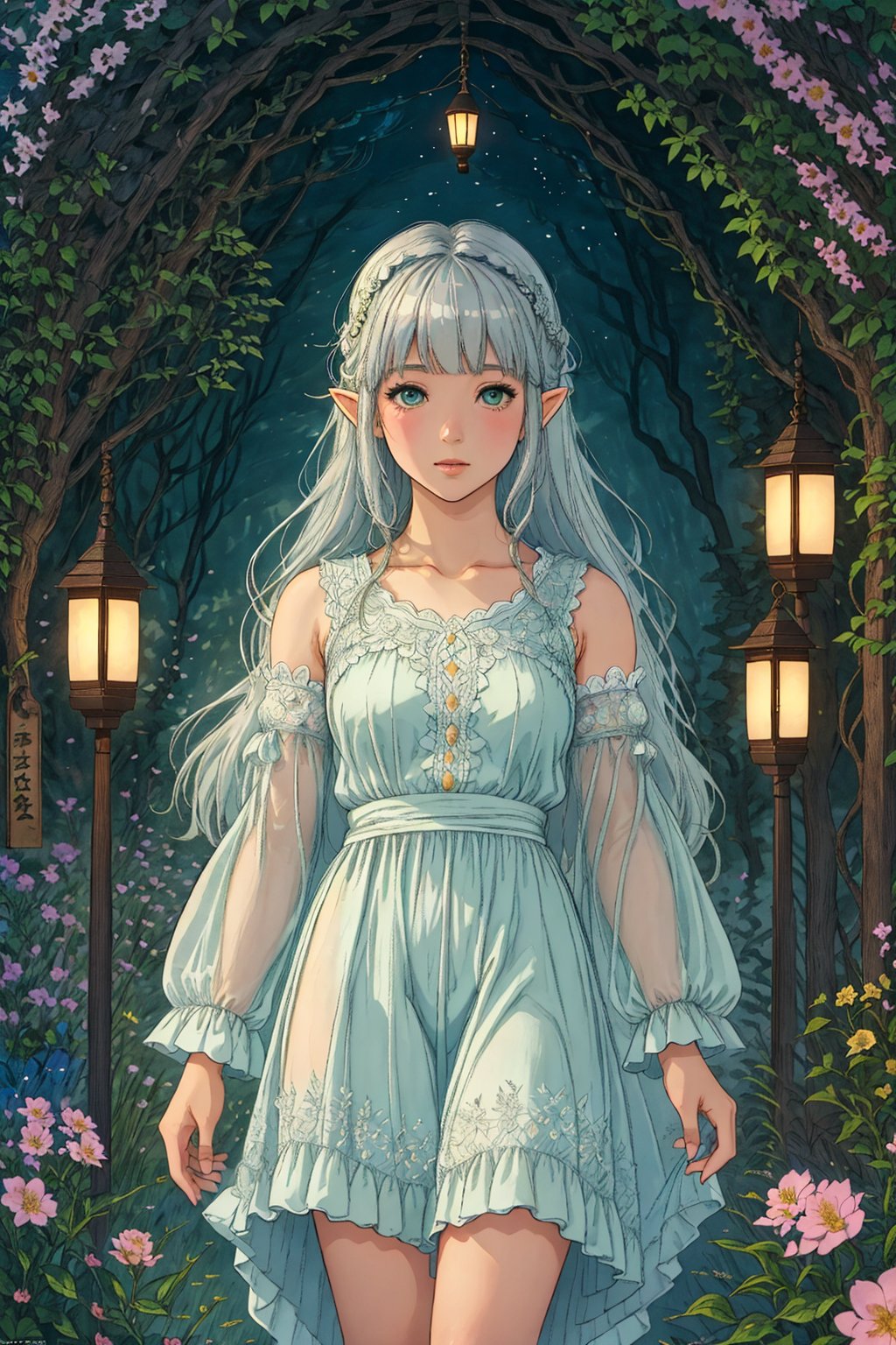  3D,photo,(the wonderland of elf),(((masterpiece))),(incredibly_absurdres),(best quality),(highres),((ultra-detailed)),(girl in the garden),(garden in the dream), (extremely fantasy dream),(an extremely delicate and beautiful girl),delicate face,beautiful detailed eyes,[1princess,elf,pointy_ears, flower, breasts, elf, long_hair, blonde and silver hair, very_long_flowing_hair, solo, detached_sleeves, yokozuwari, green_eyes, white_flower, butterfly_hair_ornament, bare_shoulders, bare_breast,medium_breasts, looking_at_viewer,(silver see-through gauze_dress:1.2),(gold trim glowing gauze_dress), hair_ornament, bangs: :0.66,(upper_body),focus on face,close up,dynamic angle,insect,animals,(bug, glowworm,butterfly,animal, , glowing butterfly,glowing fireflies,fireflies encircles the girl,(glowing)) (detailed light),feather, nature, (sunlight), flowers:0.33,girl in the garden,garden in the wonderland,beautiful and delicate wonderland,(painting),(sketch),(bloom),(shine),(All fireflies shine)(detailed background),(depth of field),backlight,(cinematic light),(lens_flare),(best shadow),(extremely delicate and colorful Wisteria Tunnel), (fairy tale and dreamy),High quality, ultra detail, ((Nahida, genshin impact,Green eyes,Nahida's character costume)),(watercolor medium:1.1), (ukiyoe style:1.21), (masterpiece:1.4641), (best quality:1.331), (illustration:1.1), (1girl:1.5), (solo:1.5), (an extremely delicate and beautiful:1.21), cute,looking at viewer,Medium lens,(She Hold the branches with small white flowers:1.23),(white background:1.3), (night sky with stars:1.2), (Sophora:1.2), (drooping branches with white flowers),(beautiful long white hair),(very long white hair),small breasts,(black pleated skirt:1.25),((white hair)),(collared shirt),(white stocking),collarbone,delicate hands:0.8