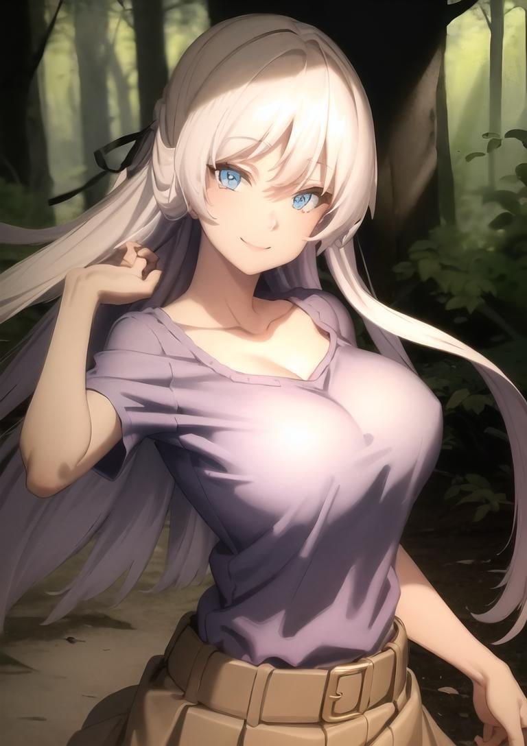 masterpiece, best quality, ultra-detailed, beautiful detailed eyes, extremely detailed eyes and face, 1girl, kurehaclyret, hair ribbon, blue t-shirt, orange skirt, ((large breasts)), standing, looking at viewer, smiling, forest, cowboy shot, upper body, <lora:Kureha_Clyret_v1:0.75>