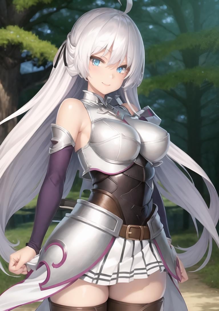 masterpiece, best quality, ultra-detailed, beautiful detailed eyes, extremely detailed eyes and face, 1girl, kurehaclyret, hair ribbon, armor, breastplate, ahoge, elbow gloves, belt, white skirt, pleated skirt, thigh boots, purple footwear, ((large breasts)), standing, looking at viewer, smiling, forest, cowboy shot, upper body, <lora:Kureha_Clyret_v1:0.75>