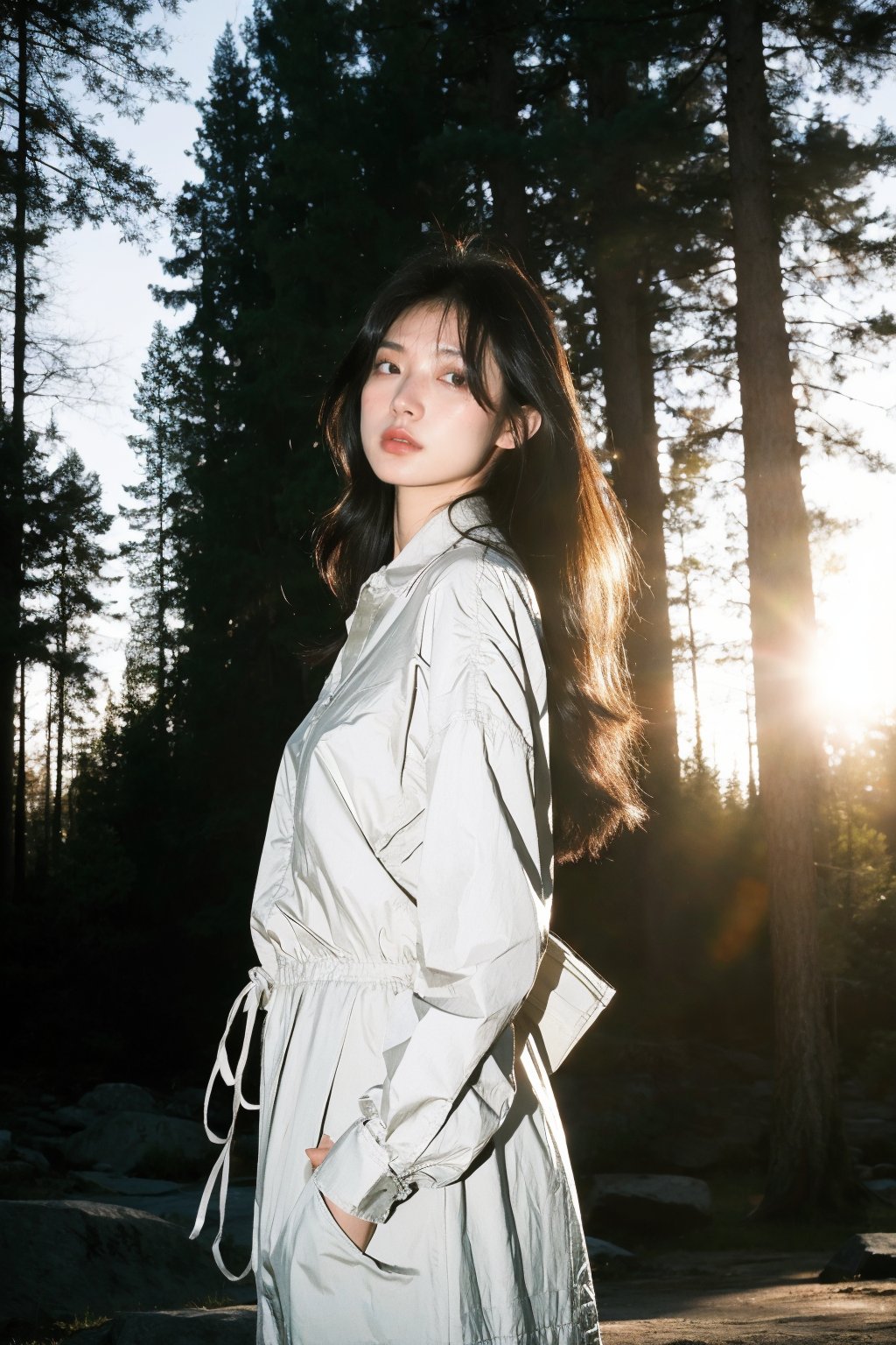  A girl, her hair flowing in the wind, stands on a rocky outcrop in the forest, the trees stretching out behind her. The scene is captured using a Fujifilm X-T3 with a 16-55mm f/2.8 lens, the image having a sharp and clear focus. The photograph has a sense of drama and tension, inspired by the works of Helmut Newton.