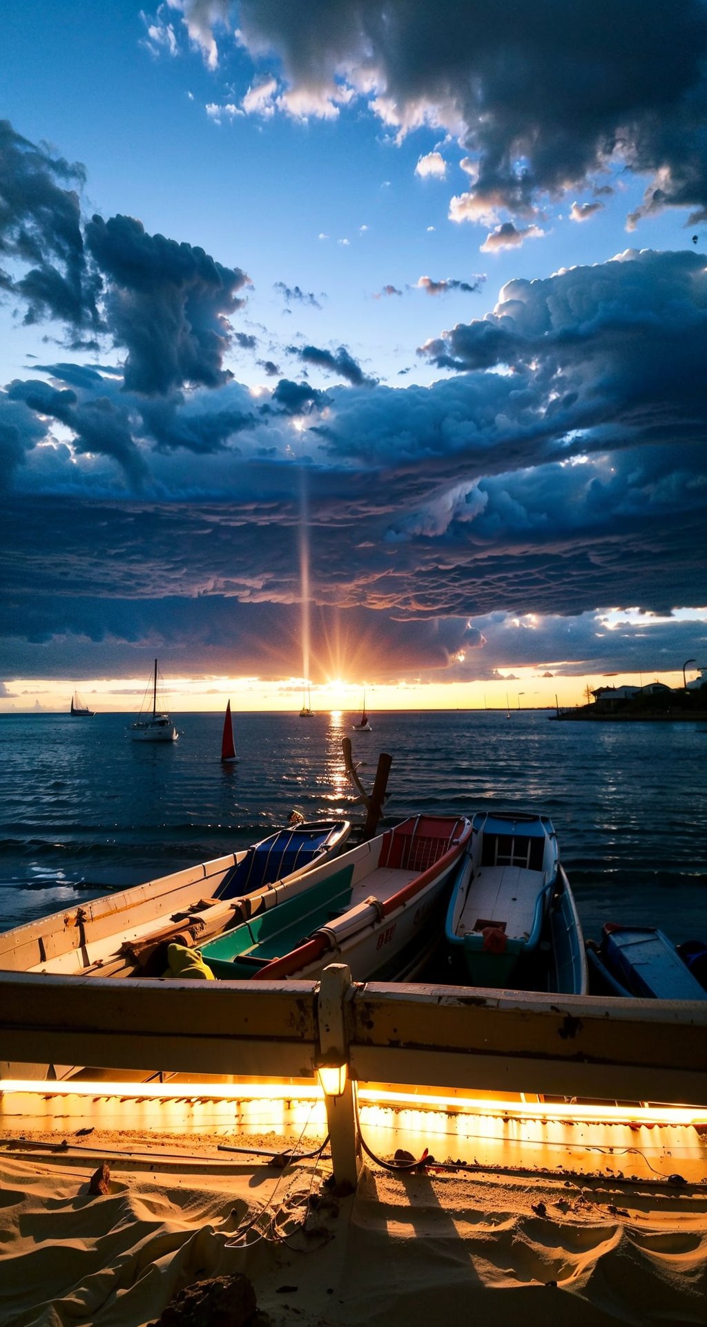  masterpiece,cleavage,beautiful lighting,whilt cloud,blue sky,sun,landscape,(many technology:1.1),(modern builings), (beside the sea:1.3),night time,light from buildings,Depth of Field Effect,Clouds,jzcg006,white and blue theme,((beach)),(fishing boats),(reef)