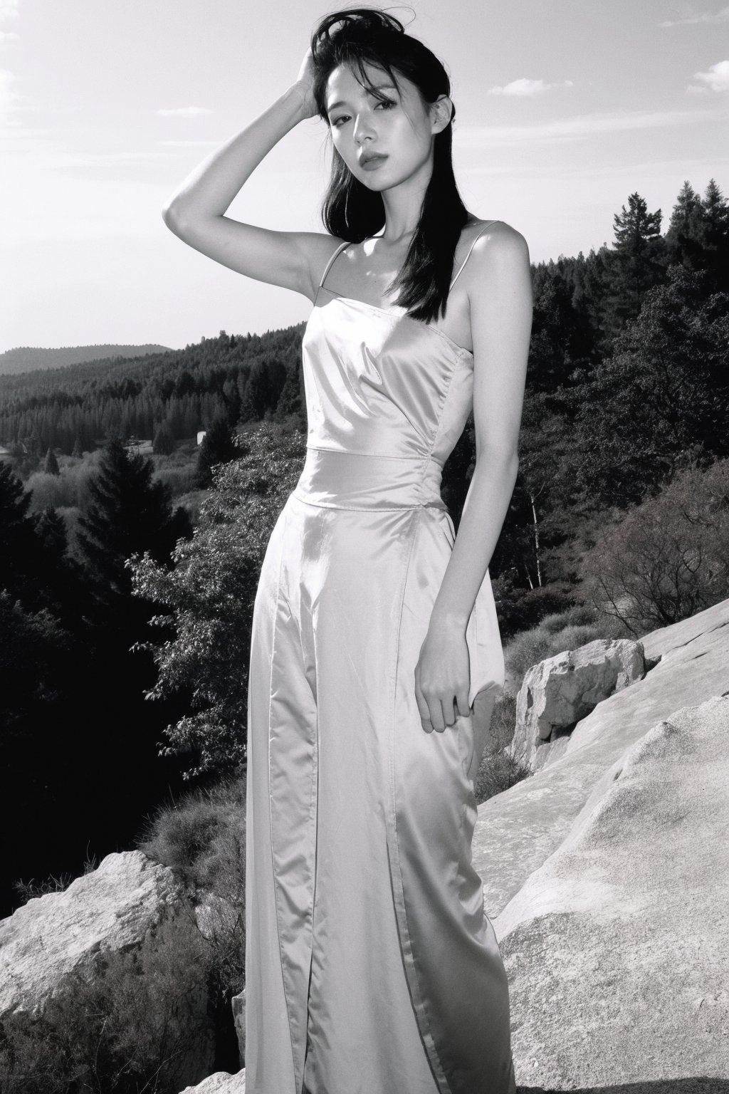  A girl, her hair flowing in the wind, stands on a rocky outcrop in the forest, the trees stretching out behind her. The scene is captured using a Fujifilm X-T3 with a 16-55mm f/2.8 lens, the image having a sharp and clear focus. The photograph has a sense of drama and tension, inspired by the works of Helmut Newton.