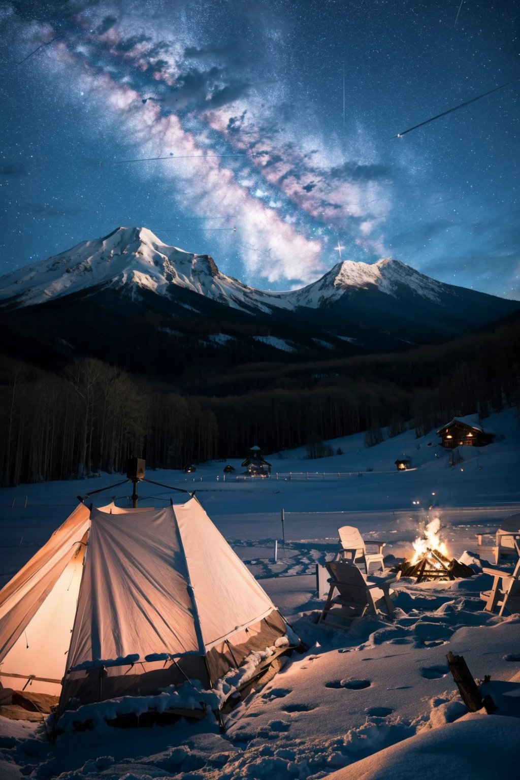  starry sky,bonfire,snow mountain,rose