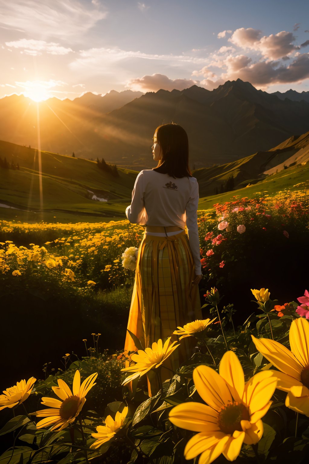  a girl,Mountain, nature, no one, outdoors, scenery, sky, sunset, sunshine, golden mountain, high-definition, 32k, flowing skirts,（smoke）,Giant flowers,