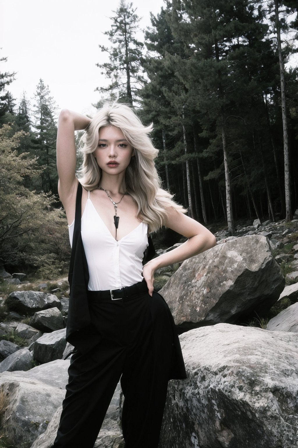  A girl, her hair flowing in the wind, stands on a rocky outcrop in the forest, the trees stretching out behind her. The scene is captured using a Fujifilm X-T3 with a 16-55mm f/2.8 lens, the image having a sharp and clear focus. The photograph has a sense of drama and tension, inspired by the works of Helmut Newton.