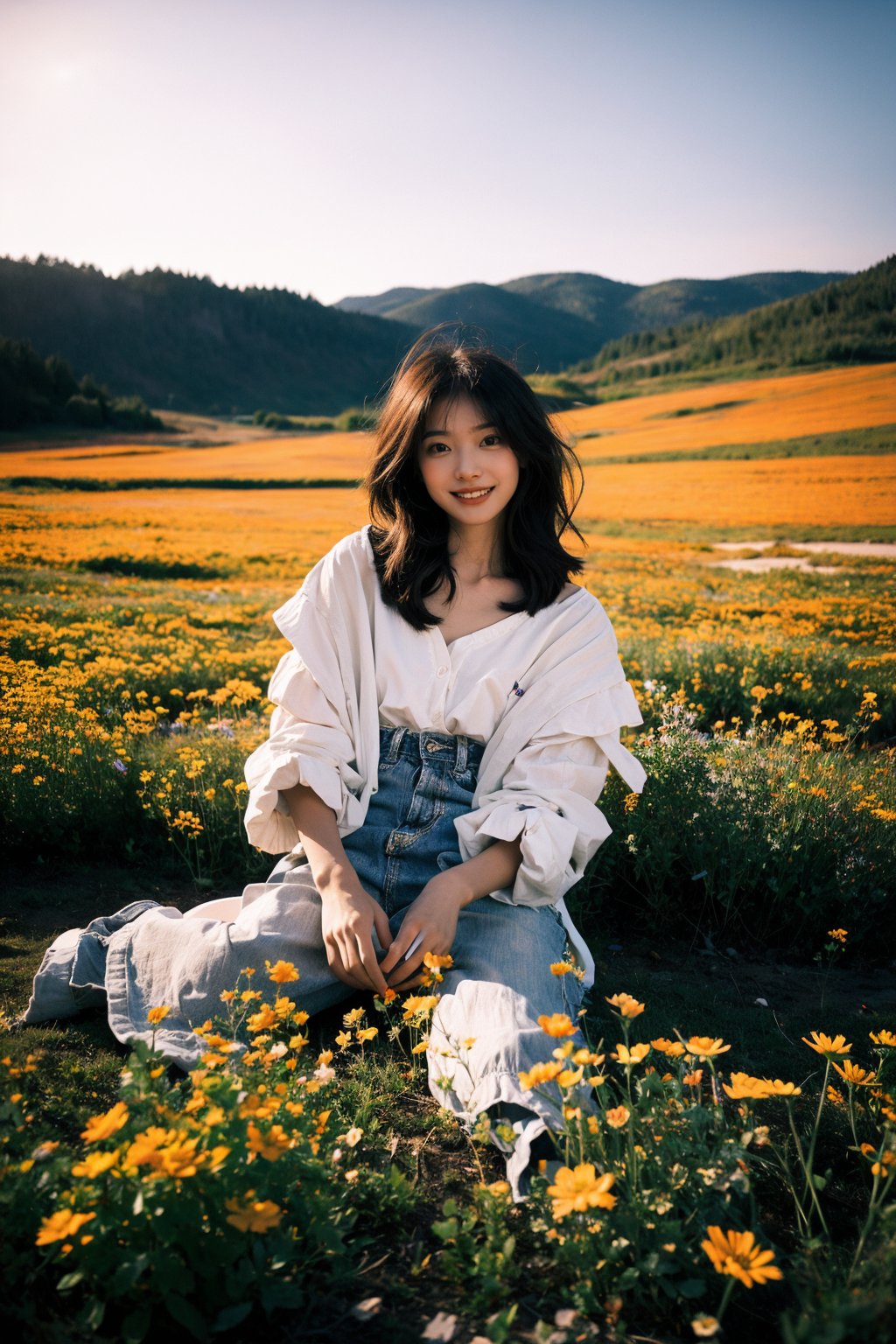  A young girl, with a mischievous grin on her face, is captured as she plays in a field of wildflowers. The flowers are in full bloom, creating a riot of color. The image is shot using a fish-eye lens, giving the scene a distorted, dreamlike quality. The image is inspired by the works of David Hockney, with its playful, vibrant energy.