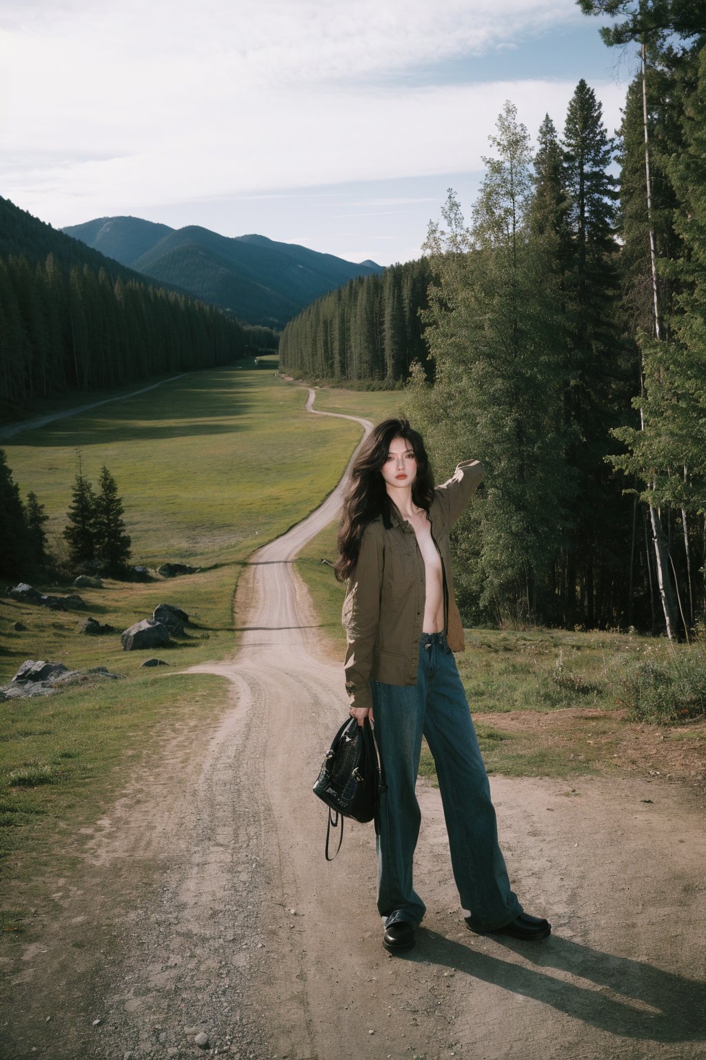  A girl, her hair flowing in the wind, stands on a rocky outcrop in the forest, the trees stretching out behind her. The scene is captured using a Fujifilm X-T3 with a 16-55mm f/2.8 lens, the image having a sharp and clear focus. The photograph has a sense of drama and tension, inspired by the works of Helmut Newton.