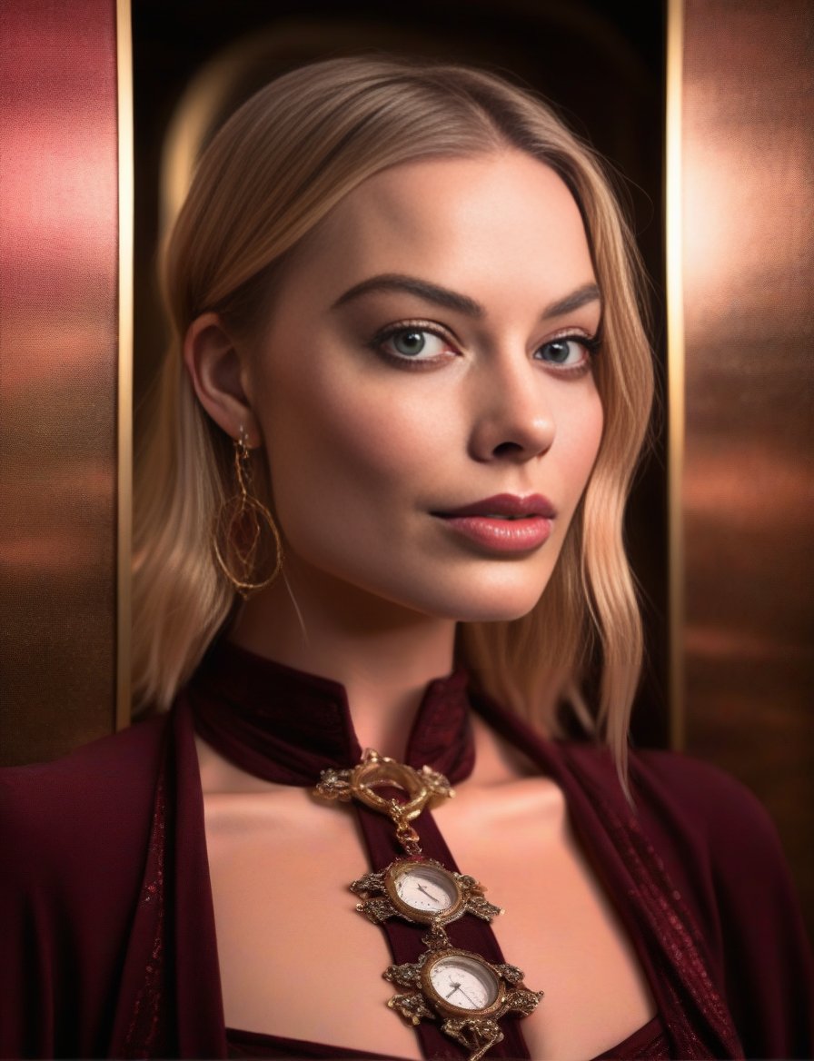 MargotRobbie, art by Toraji, photograph, Creative hourglass figure Venetian Girl, wearing 2000'S Burgundy Poulaine, Overdetailed art, Embarrassing, key light, film grain, Canon RF, Depth of field 100mm, three colors,  <lora:MargotRobbieSDXL:1>