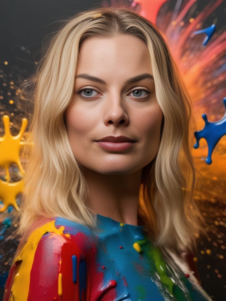 ultra realistic,an explosion of colorful paint bursting in the background,  (MargotRobbie),<lora:MargotRobbieSDXL:1>,4k,nikon z90,intricate,masterpiece