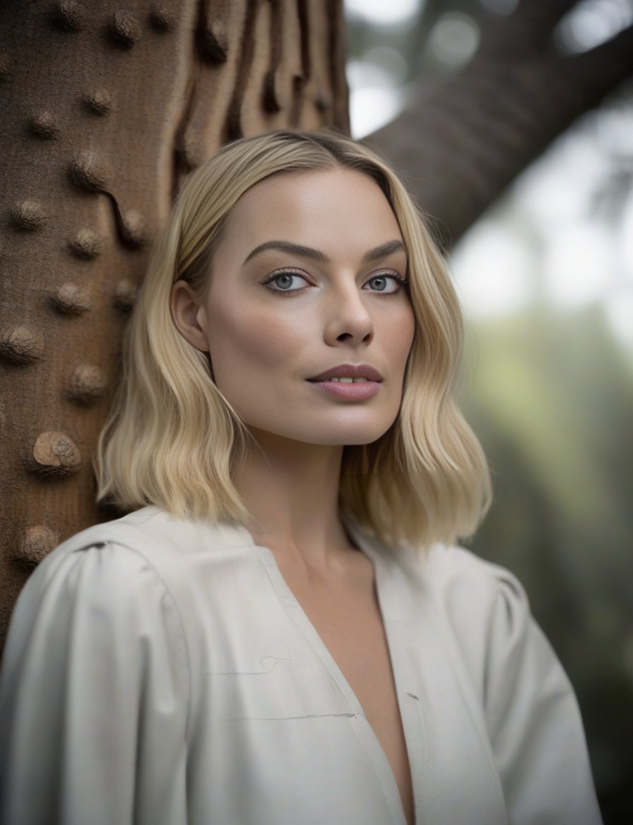 MargotRobbie, (art by Barbara Hepworth:0.8) , photograph, Woman, perched on a cloud, Tunisian Keychain, Shoulder pads, from inside of a Giant sequoia tree, film grain, Canon 5d mark 4, Circular polarizer,  <lora:MargotRobbieSDXL:1>