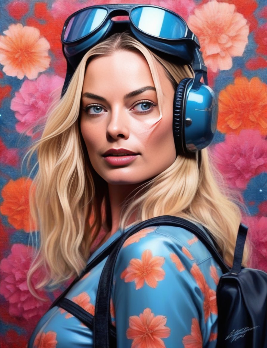 MargotRobbie, (art by Malcolm Howie:0.9) , (art by Martin Ansin:1.2) , [photograph, Romanian (Female:1.2) , Snowboarding, Sexy pose, Backpack, Flower in hair, Mask made out of Jelly, Spring, Overdetailed art, Surprising, intricate details, short lighting, film grain, Nikon d3300, Fish-eye Lens, Electic Colors::6],  <lora:MargotRobbieSDXL:1>