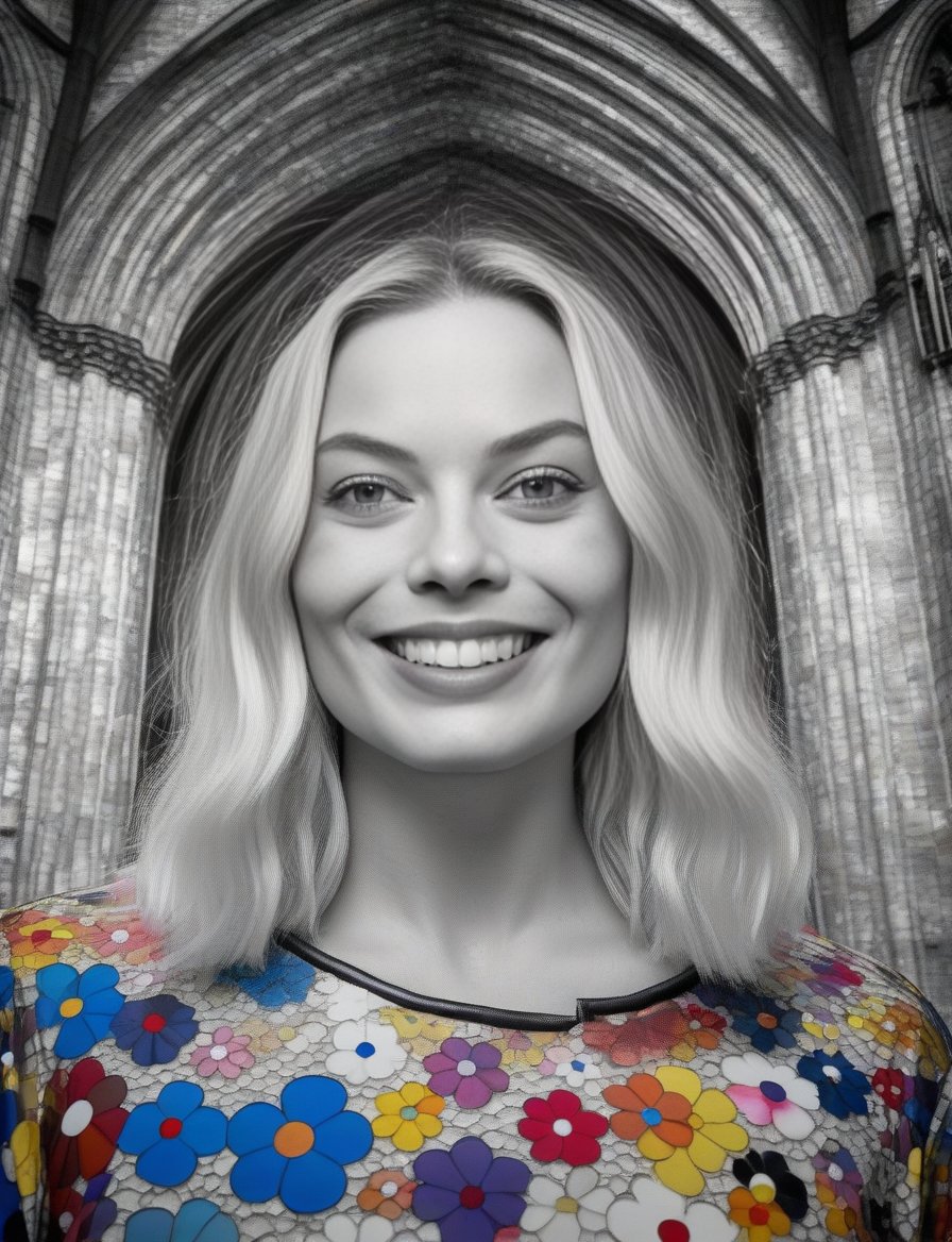 MargotRobbie, (art by Takashi Murakami:1.3) , photograph, Textile fat Woman, inside of a Cologne Cathedral, Smirking, Academism, film grain, Ilford HP5, telephoto lens, Vibrant Color, trending on artstation,  <lora:MargotRobbieSDXL:1>