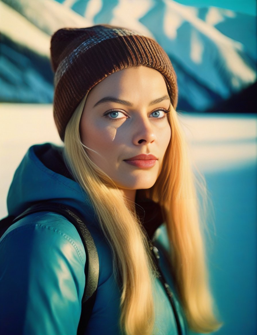 MargotRobbie, art by Vincent van Gogh, photograph, Universal Girl, Skiing, Overdetailed art, Relaxed, 70s Art, moody lighting, film grain, Fuji superia 400, F/1.8, Vivid Colors,  <lora:MargotRobbieSDXL:1>