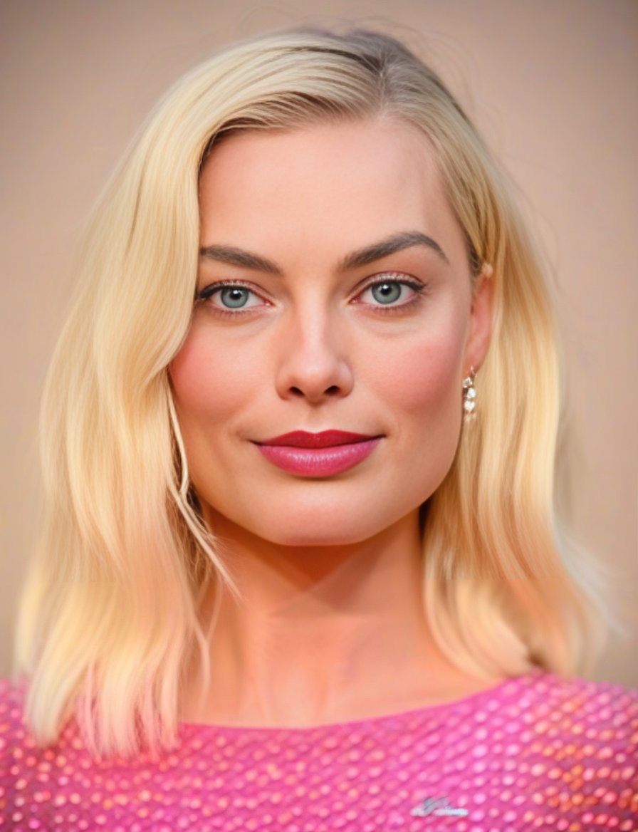 MargotRobbie,<lora:MargotRobbieSDXL:1>Photograph of upper body portrait of margotrobbie as barbie