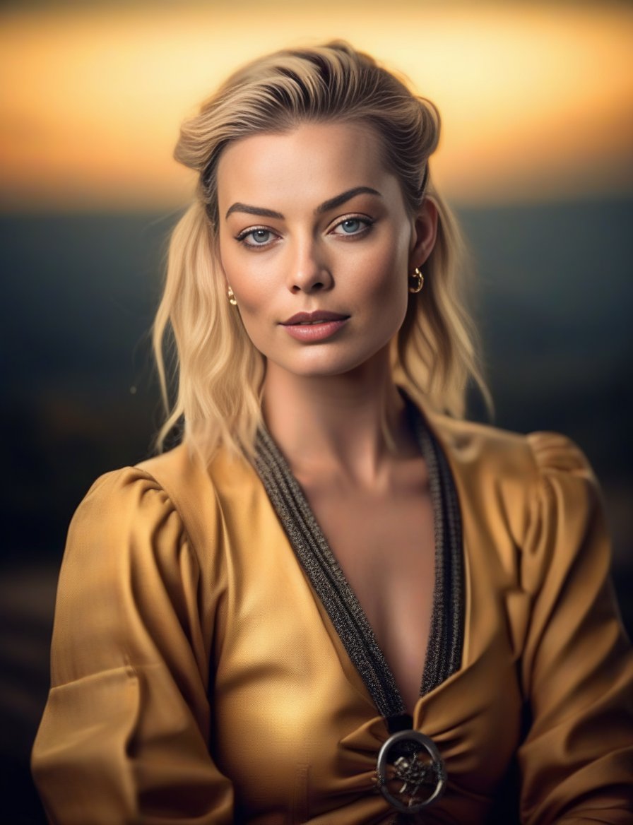 MargotRobbie, photograph, elegant, Captivating Sensual Golden Age (Female:1.1) sitting in a Romantic Sackcloth, [Alien|Illuminated] Harness, Song Dynasty Rings, Fall, horizon-centered, Kawaii anime, film grain, Samsung Galaxy, Depth of field 100mm, Cold Colors, taiji,  <lora:MargotRobbieSDXL:1>