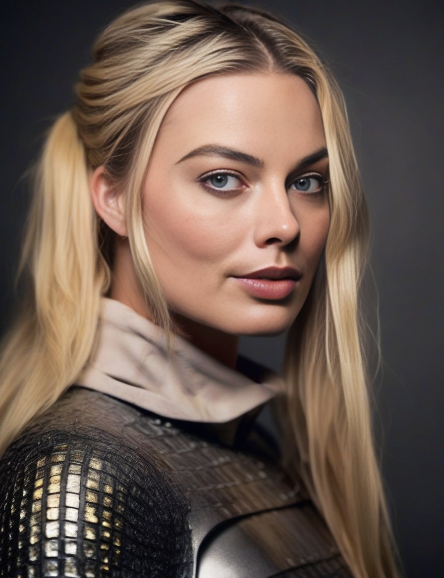 MargotRobbie, photograph, Auroracore, [1600'S:Untidy:7] Sleek Female, wearing winter armor, Accomplished hair styled as Ponytail, Satisfying, split lighting, film grain, Canon RF, macro lens, two colors,  <lora:MargotRobbieSDXL:1>