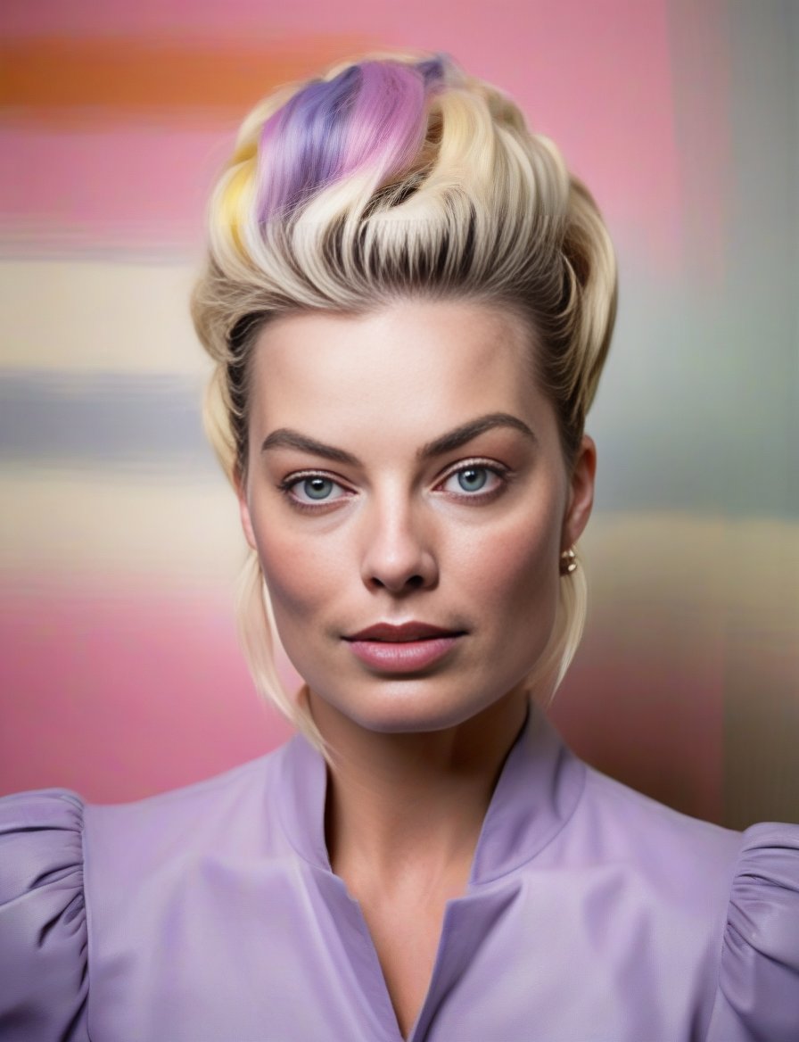 MargotRobbie, art by Morris Louis, photograph, Jagged well-endowed Woman, Two-Tone hair styled as Bouffant, Panamanian Pocket Square, Shoulder pads, Snowy, Shameful, film grain, Iphone X, F/1.8, Kodak Ektar, Violet and Beige splash,  <lora:MargotRobbieSDXL:1>