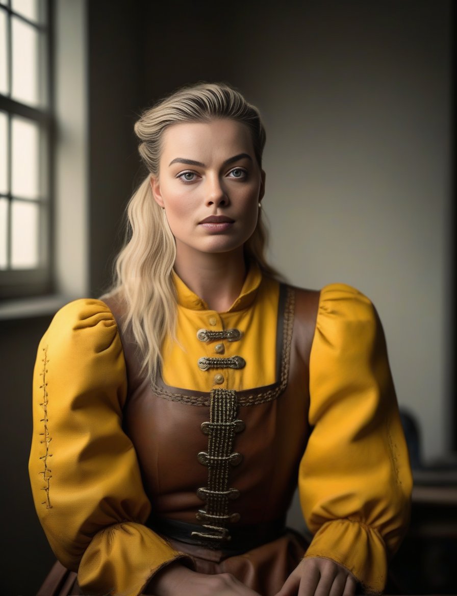 MargotRobbie, photograph, shoulder-level shot of a Hostile burly (Girl:1.2) , 😝, Woodworking, wearing Yellow Hauberk, Sitting with crossed legs, Light Braided pigtails hairstyle, Clear skies, Sketched, Sad, cinematic lighting, film grain, Fujifilm XT3, Selective focus, art by Hans Andersen Brendekilde,art by Thomas Hart Benton,  <lora:MargotRobbieSDXL:1>