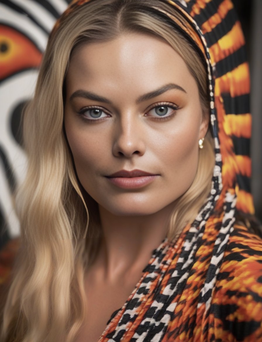 MargotRobbie, photograph, Fiery Tribal Woman, film grain, Canon 5d mark 4, Selective focus, extremely beautiful, arthouse, art by Fernand Leger,  <lora:MargotRobbieSDXL:1>