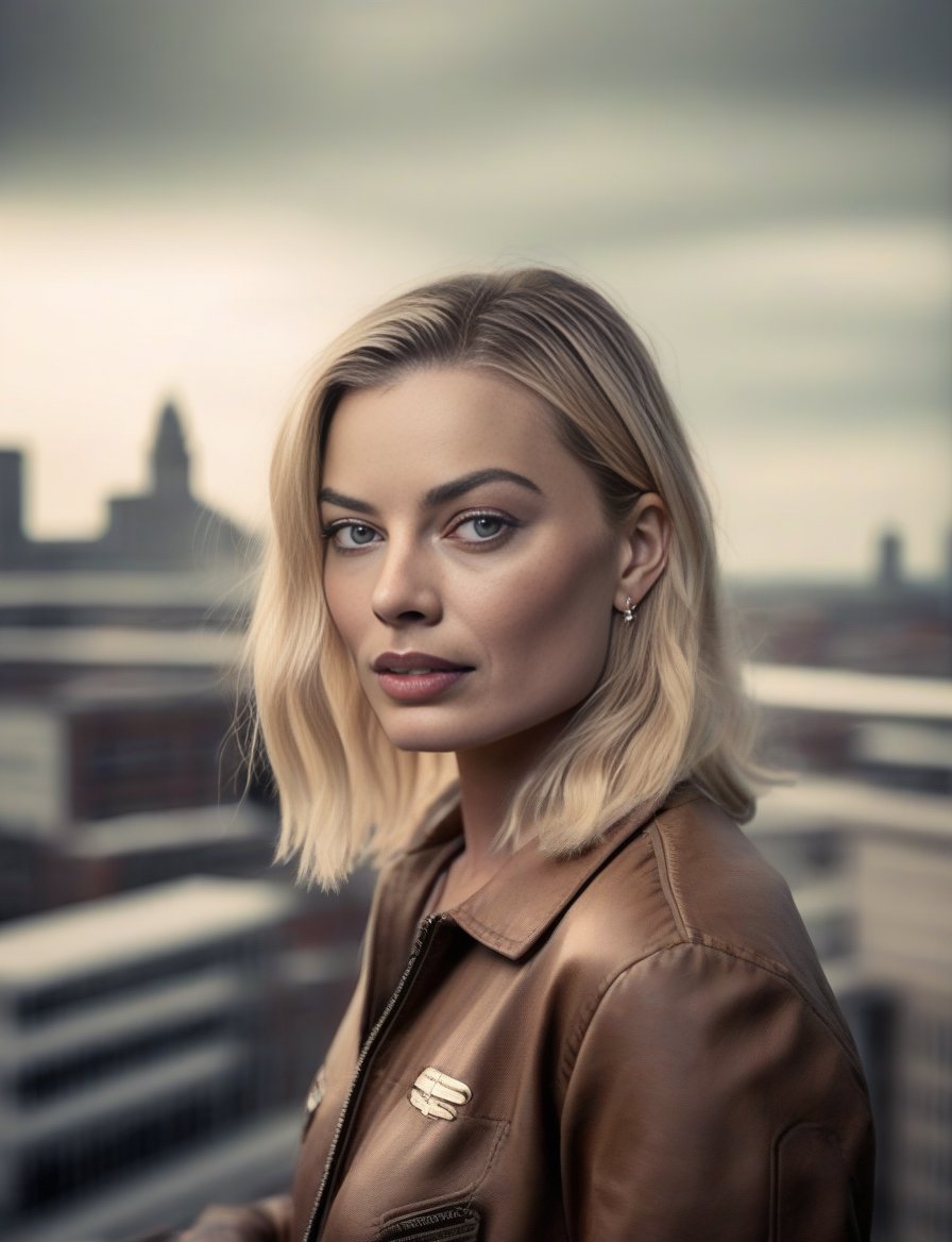 MargotRobbie, photograph, Tropical Woman, mechanical Pilot, [Desperate:Elder:17] Liverpool in background, equirectangular 360, Sketch, Manic, film grain, Hasselblad, Selective focus, Pixabay,  <lora:MargotRobbieSDXL:1>