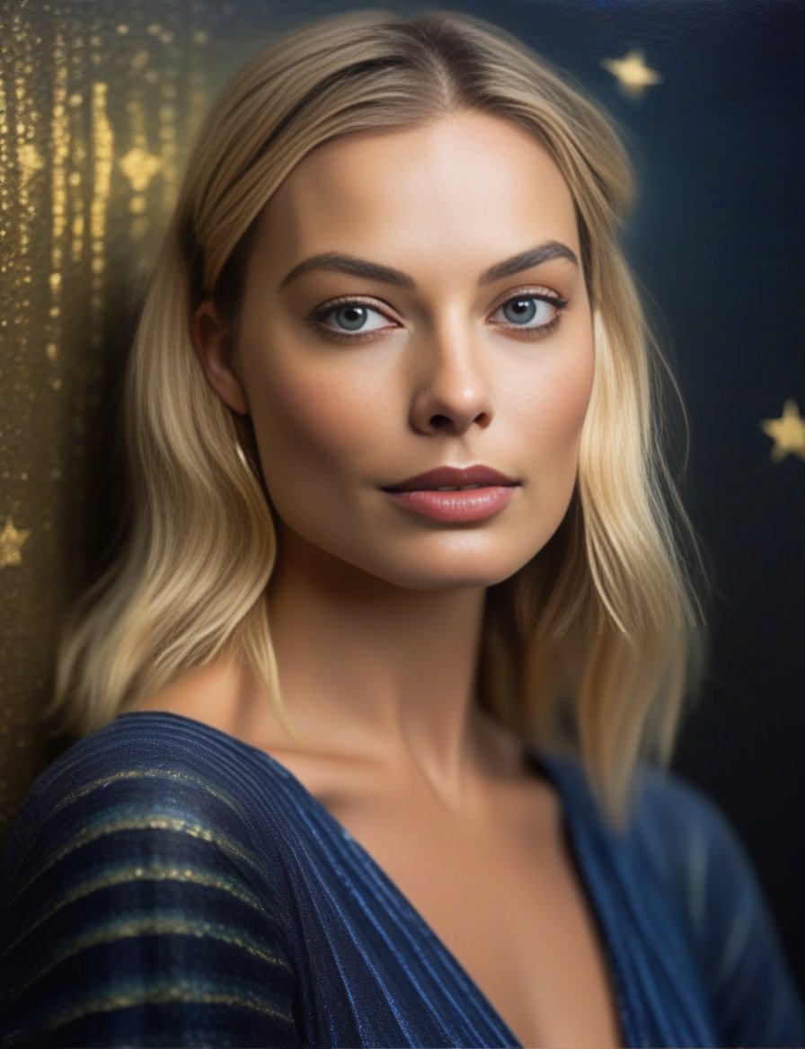 MargotRobbie, (art by Henri Le Sidaner:1.3) ,art by Bill Brauer, photograph, highly detailed, Sharp Murano tiny Qin Dynasty (Female:1.3) , Soul reaver, wearing Wide-leg pants and off-the-shoulder top in stripes patterns, Dark Pixie hairstyle, Stars in the sky, soft focus, Illustration, deep indigo lighting, film grain, Fuji superia 400, Depth of field 100mm, two colors, "She will be loved, and she will be loved.",  <lora:MargotRobbieSDXL:1>