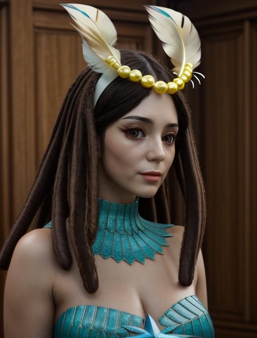 best quality, masterpiece, highres, detailed, cosplay, realistic, 1woman in her 30's,  <lora:Detail - add_detail:0.2>, AmaryllisDRS, gem, jade neck ornament, dreadlock hair, thick hair, medium hair, brown eyes, feather ornament, forehead, mature woman, <lora:AmaryllisDRS-10:0.9>, happy,