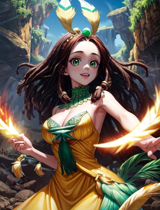 best quality, masterpiece, highres, detailed, digital artwork, <lora:Detail - add_detail:0.2>, AmaryllisDRS, gem, jade, dreadlock hair, thick hair, medium hair, green eyes, feather ornament, forehead, yellow dress with green top, mature woman, <lora:AmaryllisDRS-10:0.9>, cave, happy,