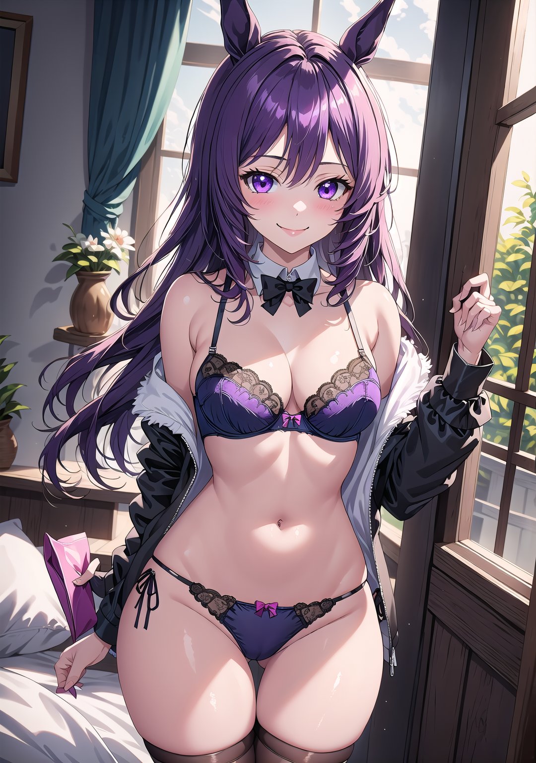 1girl, solo, long hair, breasts, looking at viewer, blush, smile, bangs, large breasts, thighhighs, long sleeves, bow, navel, animal ears, cleavage, bare shoulders, medium breasts, closed mouth, underwear, standing, purple eyes, collarbone, panties, jacket, purple hair, thighs, cowboy shot, open clothes, black thighhighs, indoors, off shoulder, stomach, bra, open jacket, black jacket, groin, wrist cuffs, black panties, bed, detached collar, swept bangs, ass visible through thighs, thigh gap, lingerie, horse ears, horse girl, black bra, side-tie panties, bow panties, lamp, string panties, lace-trimmed bra, mejiro mcqueen \(umamusume\)