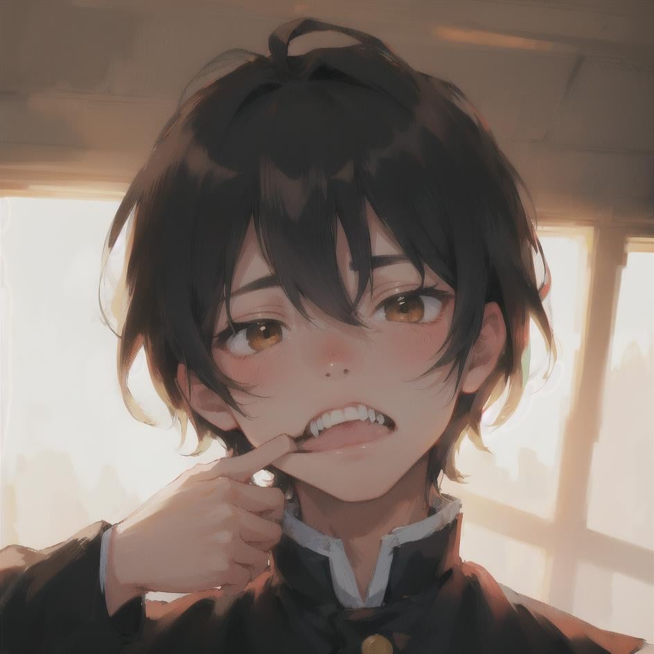 1boy, backlighting, black hair, brown eyes, clenched teeth, gakuran, looking at viewer, male focus, mouth pull, portrait, sarayashiki junior high school uniform, school uniform, solo, teeth, pinky finger inside mouth, one hand pulling mouth, <lora:mouth_pull:1>