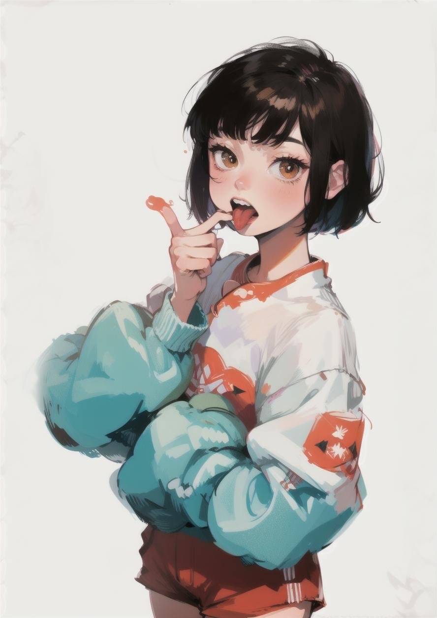 1girl, black hair, brown eyes, finger in own mouth, long sleeves, mouth pull, short hair, shorts, simple background, solo, teeth, tongue, white background, index finger inside mouth, two hand pulling mouth, <lora:mouth_pull:1>