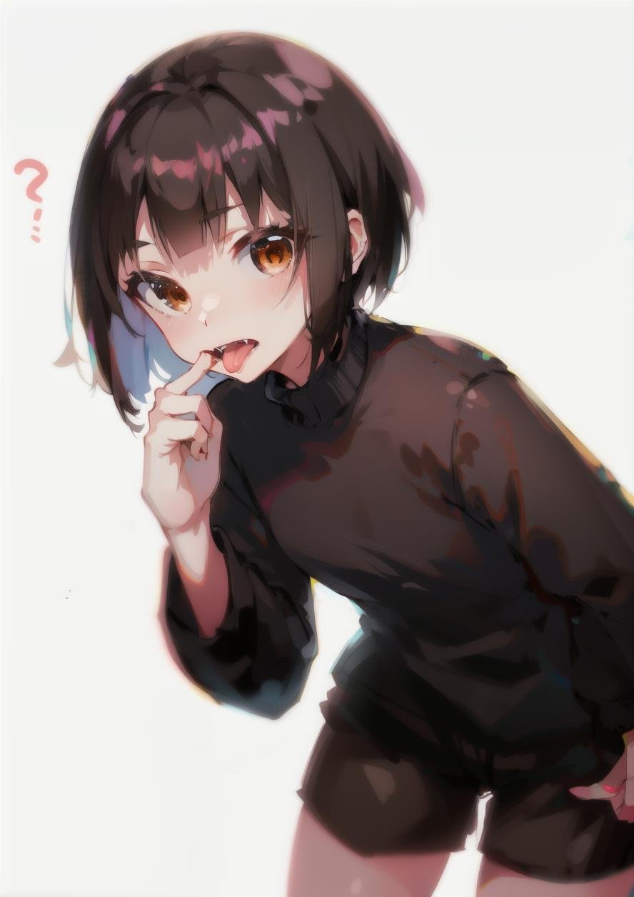 1girl, black hair, brown eyes, finger in own mouth, long sleeves, mouth pull, short hair, shorts, simple background, solo, teeth, tongue, white background, (pinky finger inside mouth:1.2), (two hand pulling mouth:1.2), <lora:mouth_pull-000009:1>