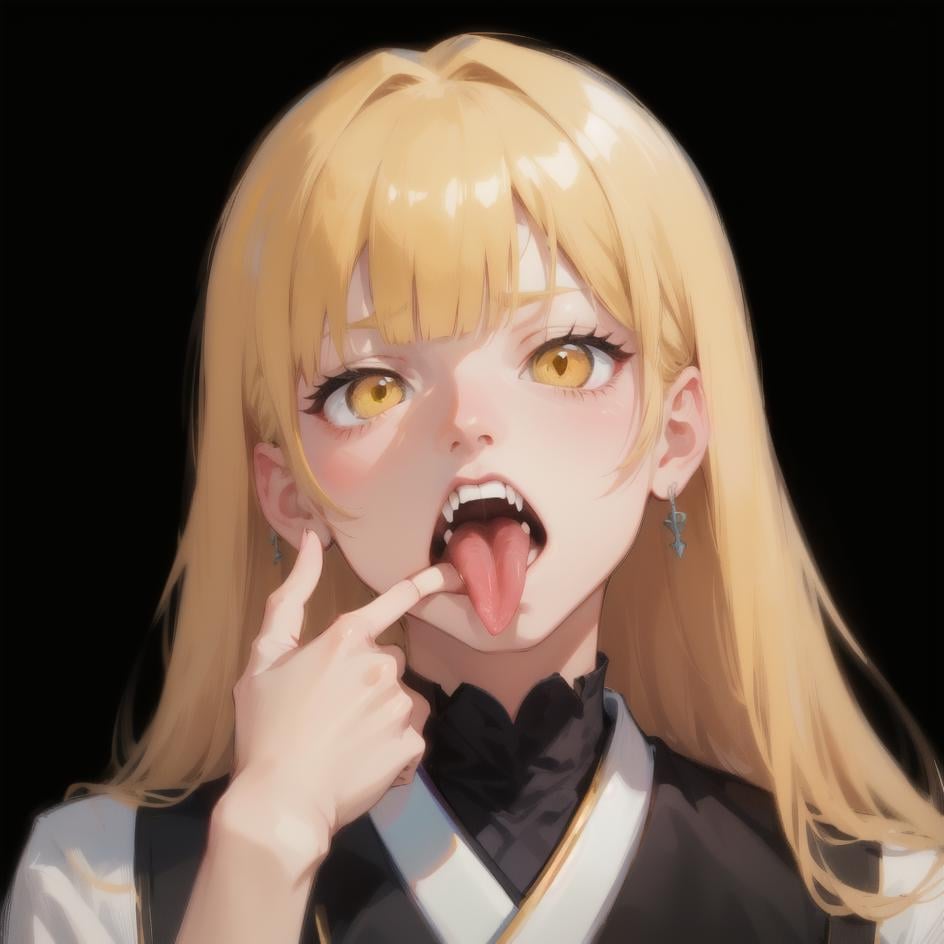 1boy, black background, blonde hair, blunt bangs, earrings, fangs, finger in own mouth, forked tongue, hand up, japanese clothes, jewelry, long hair, looking at viewer, male focus, mouth pull, open mouth, portrait, scales, simple background, solo, straight hair, tongue, tongue out, uneven eyes, webbed hands, yellow eyes, index finger inside mouth, middle finger inside mouth, one hand pulling mouth, <lora:mouth_pull:1> 