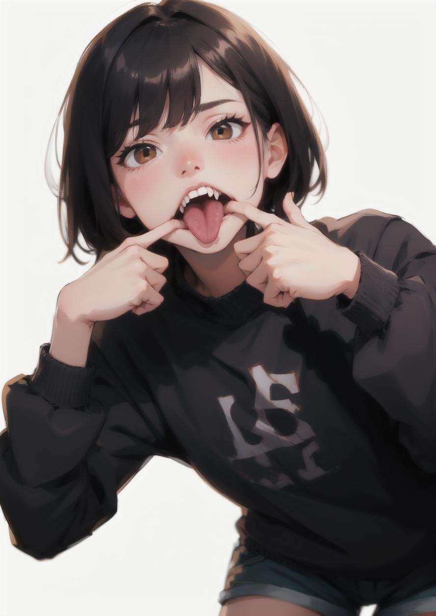 1girl, black hair, brown eyes, finger in own mouth, long sleeves, mouth pull, short hair, shorts, simple background, solo, teeth, tongue, white background, (pinky finger inside mouth:1.2), (two hand pulling mouth:1.2), <lora:mouth_pull:1> 