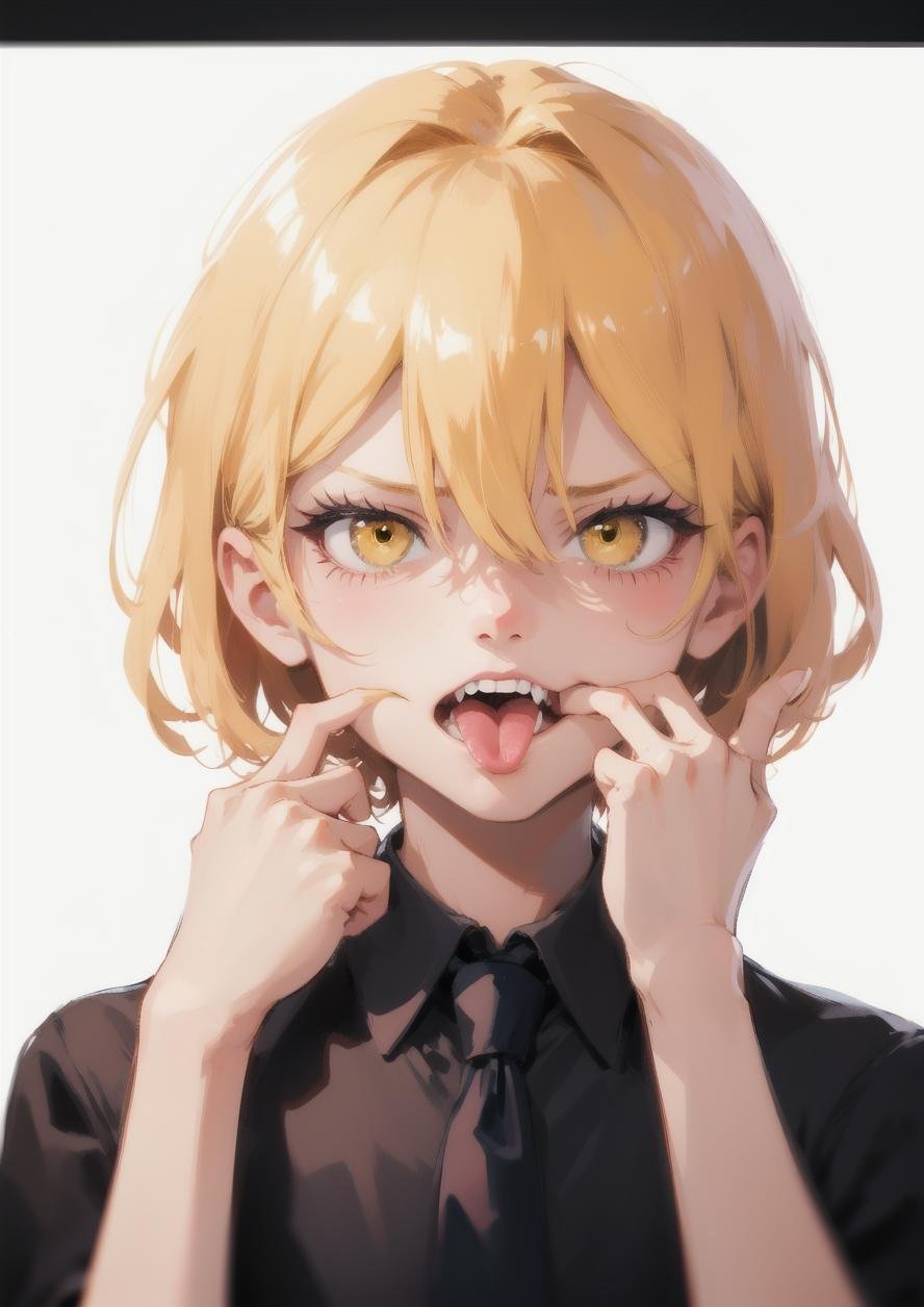 1girl, black shirt, blonde hair, collared shirt, cover image, framed, glaring, hair between eyes, looking at viewer, mouth pull, necktie, shirt, short hair, simple background, solo, upper body, white background, white necktie, yellow eyes, pinky finger inside mouth, two hand pulling mouth, <lora:mouth_pull:1> 