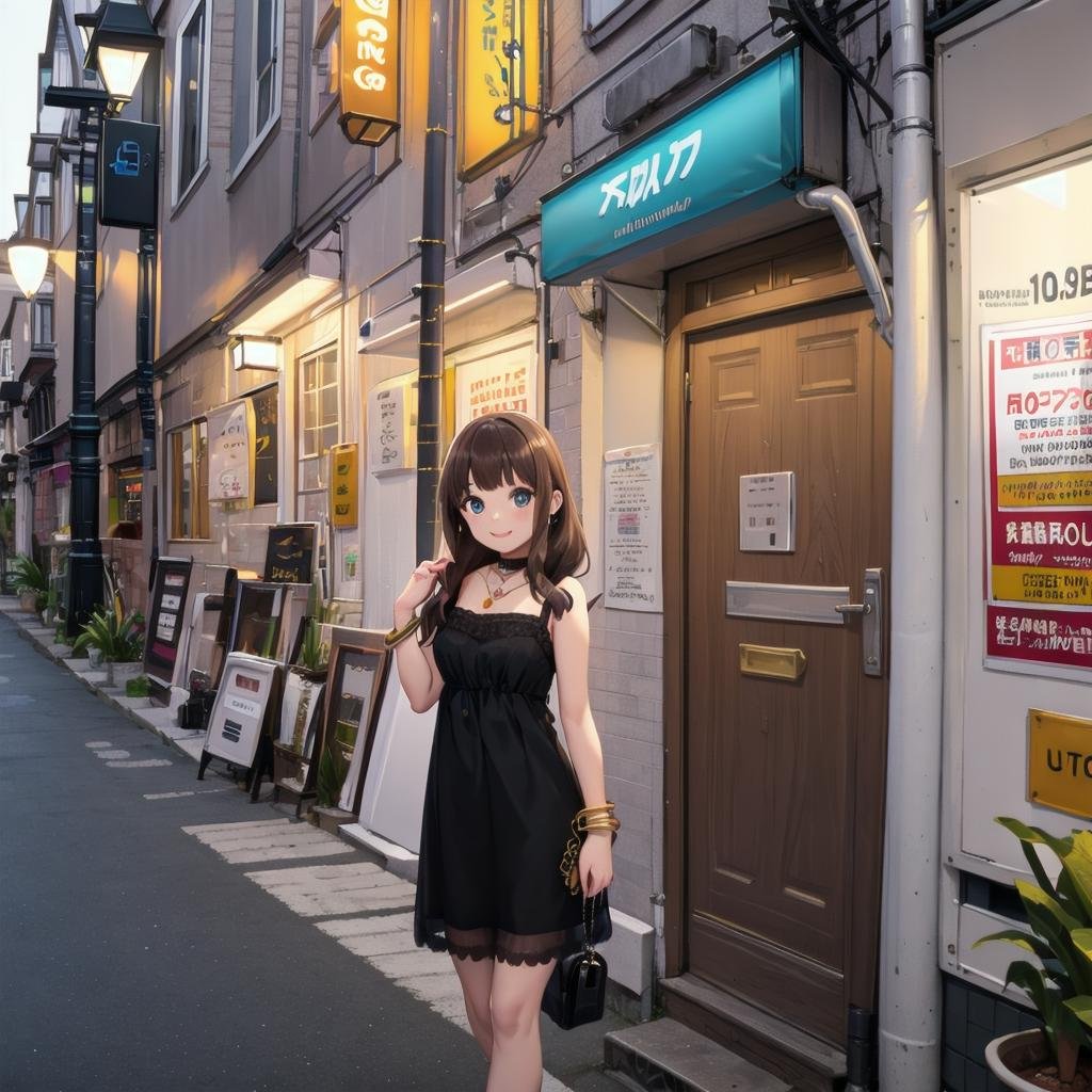 best quality, ultra-detailed, illustration,fuzoku, storefront, scenery, outdoors, power lines, road, utility pole, sign, building, city, sky, street, poster (object), cityscape, shop, real world location, plant, day, lamppost, night,1girl, solo, jewelry, long hair, necklace, smile, brown hair, looking at viewer, black dress, sleeveless dress, bracelet, choker,<lora:fuzokugai_SD15_V2:0.8>