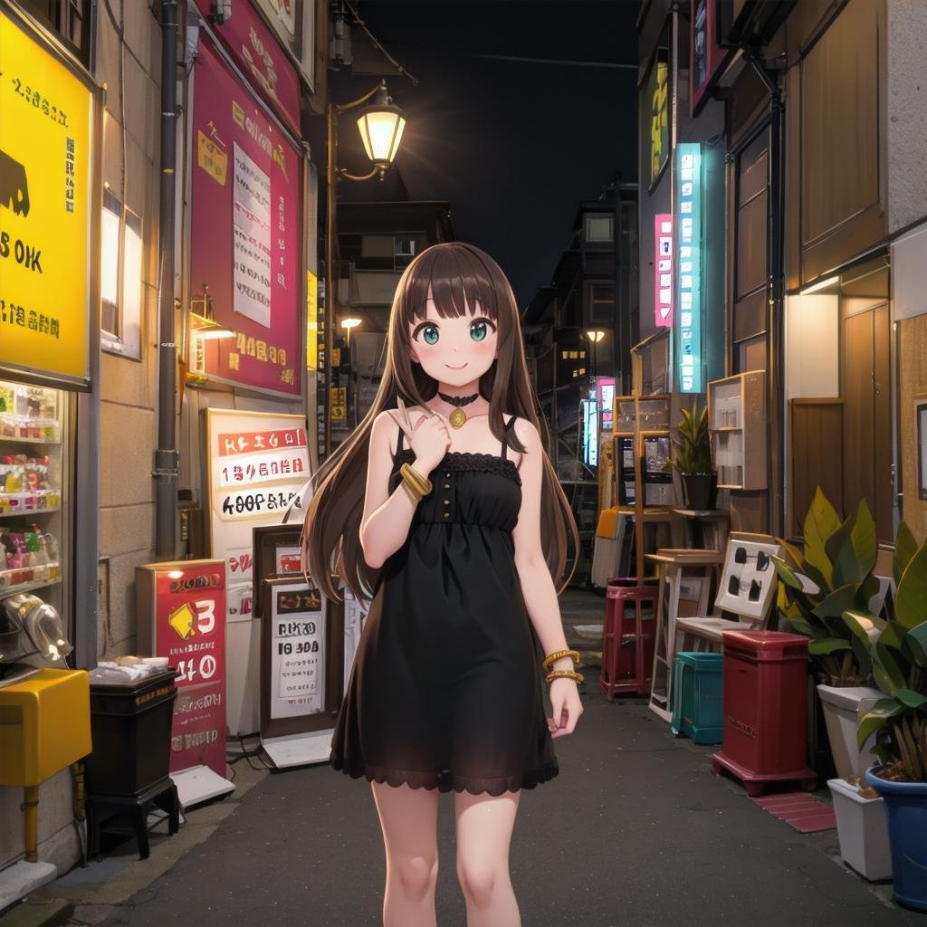 best quality, ultra-detailed, illustration,fuzoku, storefront, scenery, outdoors, power lines, road, utility pole, sign, building, city, sky, street, poster (object), cityscape, shop, real world location, plant, day, lamppost, night,1girl, solo, jewelry, long hair, necklace, smile, brown hair, looking at viewer, black dress, sleeveless dress, bracelet, choker,<lora:fuzokugai_SD15_V2:0.8>