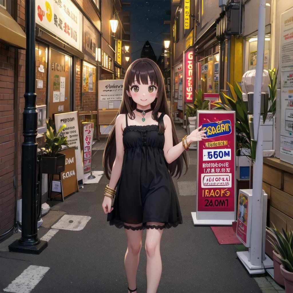 best quality, ultra-detailed, illustration,fuzoku, storefront, scenery, outdoors, power lines, road, utility pole, sign, building, city, sky, street, poster (object), cityscape, shop, real world location, plant, day, lamppost, night,1girl, solo, jewelry, long hair, necklace, smile, brown hair, looking at viewer, black dress, sleeveless dress, bracelet, choker,<lora:fuzokugai_SD15_V2:0.8>